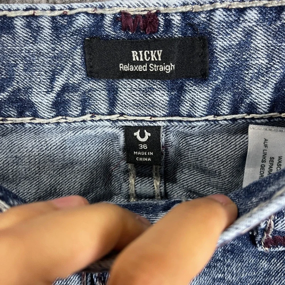 True Religion Ricky Relaxed Straight Jeans Mens 36 Blue Excellent Acid Wash